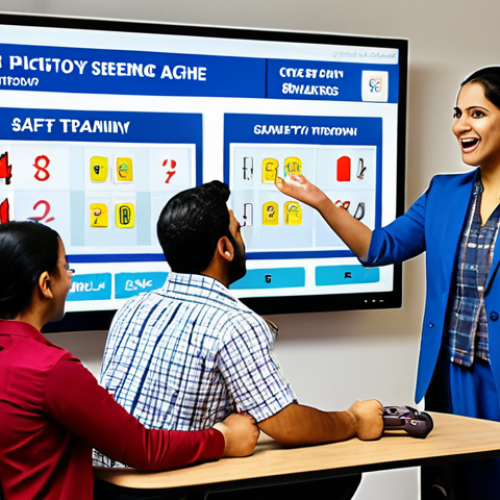 Home 11 ** A diverse group of employees enthusiastically participating in a gamified safety training session. Include elements of a "game" like a scoreboard or points system. The atmosphere is fun and interactive. Consider adding Urdu script as part of the game or displayed on a screen in the background.
**