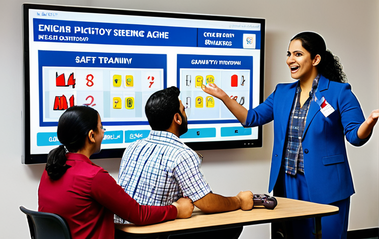 ** A diverse group of employees enthusiastically participating in a gamified safety training session. Include elements of a "game" like a scoreboard or points system. The atmosphere is fun and interactive. Consider adding Urdu script as part of the game or displayed on a screen in the background.
**