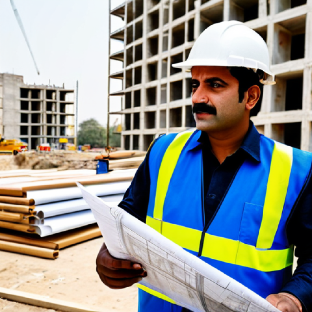 **
A professional civil engineer, fully clothed in appropriate work attire including a hard hat and safety vest, inspecting blueprints at a construction site in Karachi. Background shows ongoing construction with scaffolding and workers in the distance. Focus on the engineer's confident expression and the technical details of the blueprint. Safe for work, appropriate content, family-friendly, perfect anatomy, natural pose, professional.
**