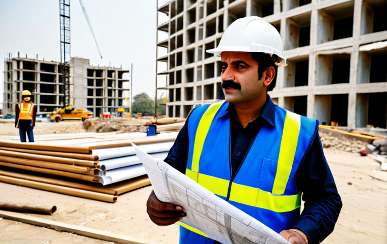 **
A professional civil engineer, fully clothed in appropriate work attire including a hard hat and safety vest, inspecting blueprints at a construction site in Karachi. Background shows ongoing construction with scaffolding and workers in the distance. Focus on the engineer's confident expression and the technical details of the blueprint. Safe for work, appropriate content, family-friendly, perfect anatomy, natural pose, professional.
**