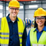 안전관리자의 성과 평가 방법 - **Prompt:** "A vibrant and positive workplace scene depicting a diverse group of factory workers (me...