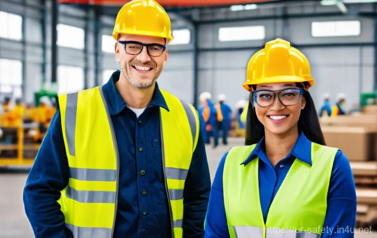안전관리자의 성과 평가 방법 - **Prompt:** "A vibrant and positive workplace scene depicting a diverse group of factory workers (me...