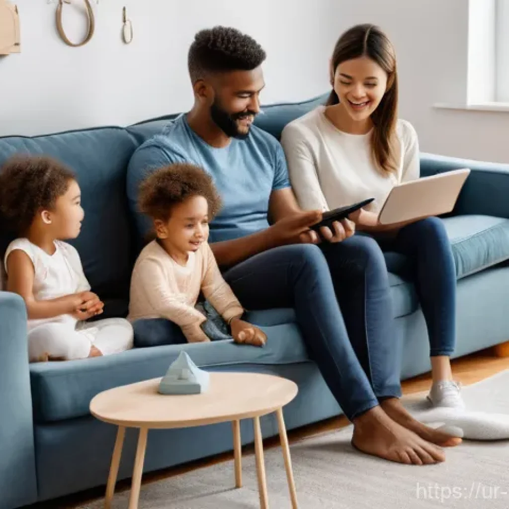 스마트 안전 장비 소개 - A serene and modern living room, bathed in warm, soft lighting. A diverse family, including parents ...