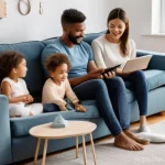 스마트 안전 장비 소개 - A serene and modern living room, bathed in warm, soft lighting. A diverse family, including parents ...