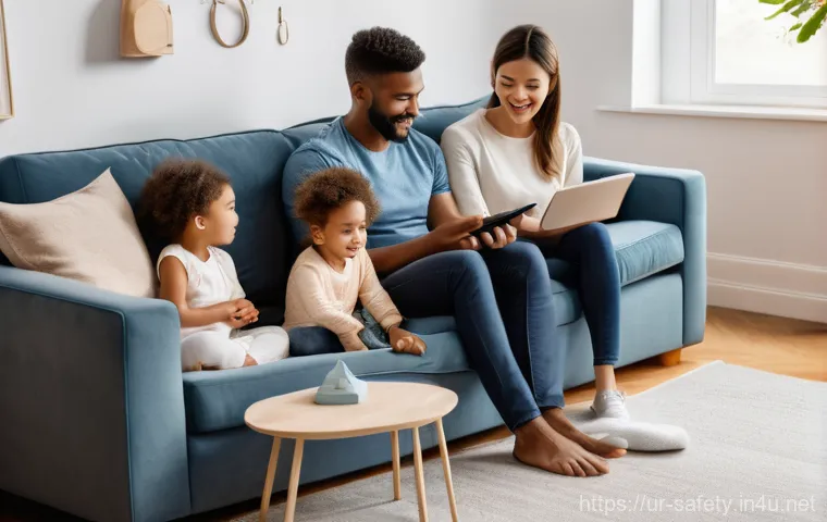 스마트 안전 장비 소개 - A serene and modern living room, bathed in warm, soft lighting. A diverse family, including parents ...